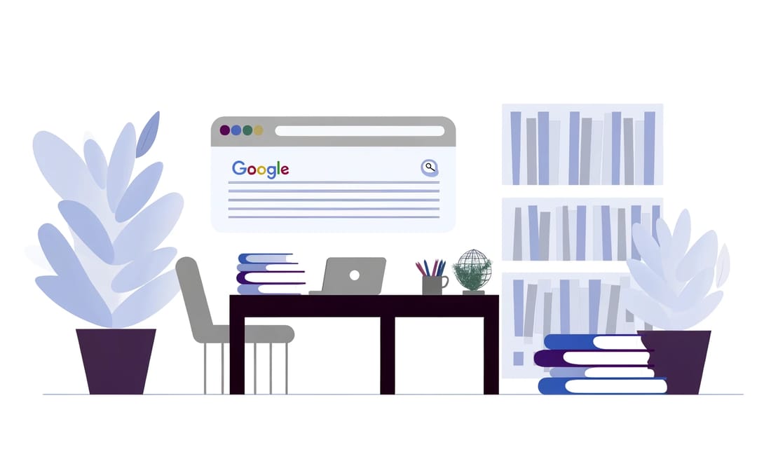 En stiliseret illustration af et moderne arbejdsområde med en computer, der viser google-søgehjemmesiden, omgivet af planter og bøger.