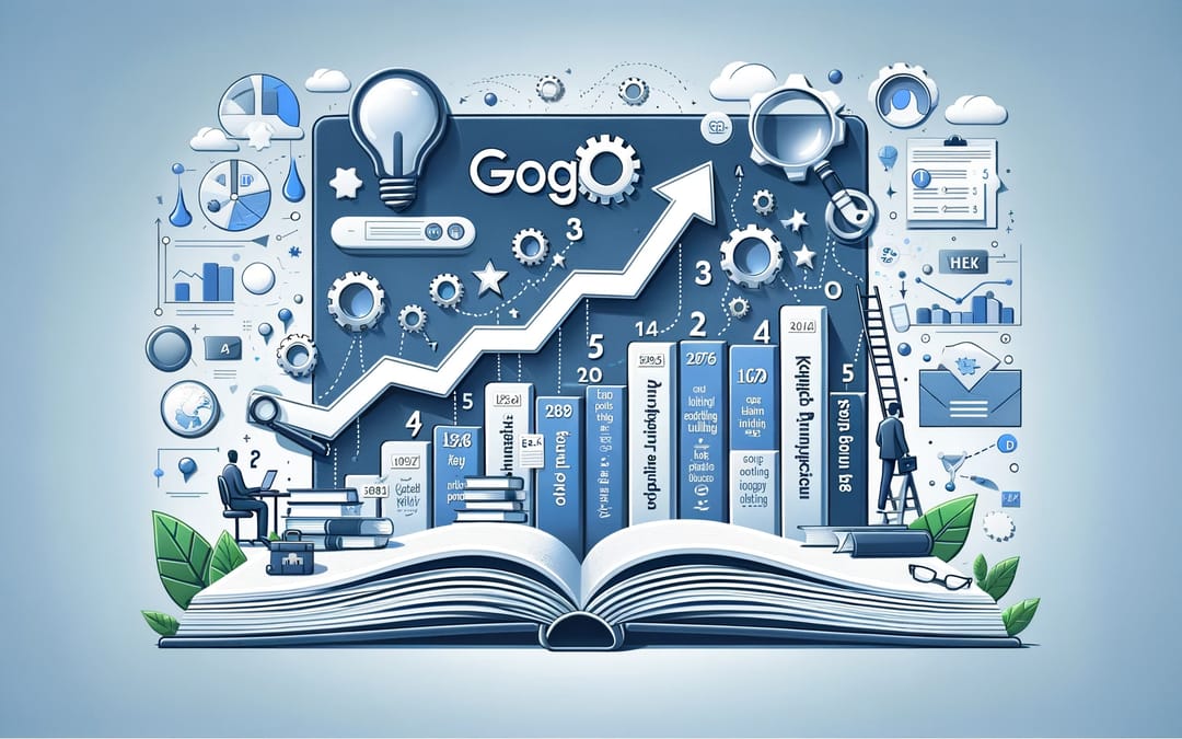 En åben bog med grafiske repræsentationer af forretnings- og teknologikoncepter, herunder diagrammer, gear og en pære, der foreslår et tema om viden og innovation.