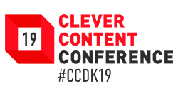 clevercontentconference logo | Henrik Bondtofte en rød baggrund med ordene clever content conference ccdk19.
