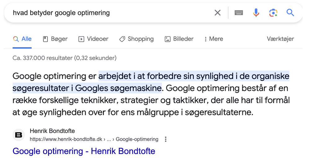 En google søgeside med ordene google optimizing.