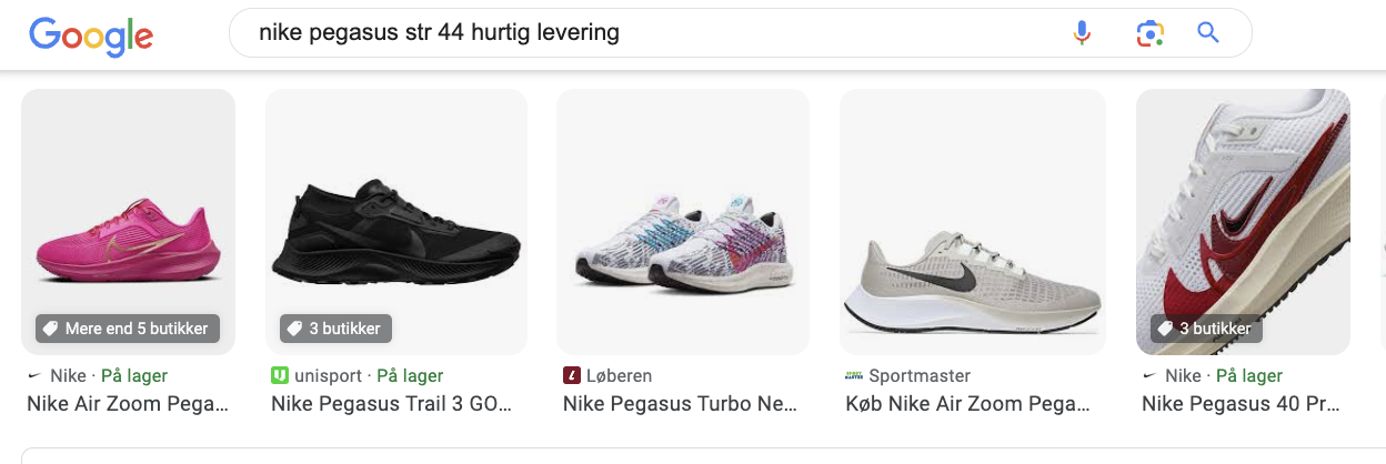 Disse resultater, stammer fra en billedsøgning. Det lille ikon nederst i højre hjørne, indikerer der er tale om en produktvisning. 