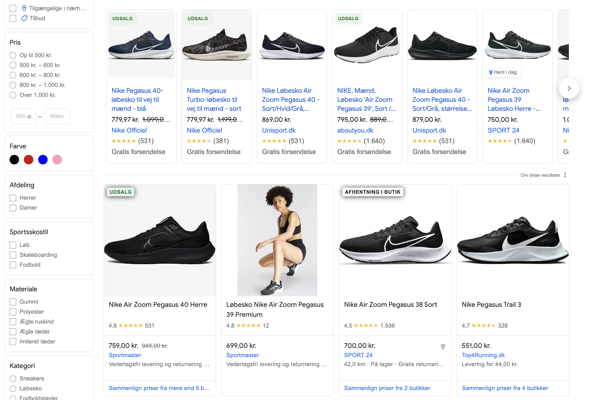 Øverst kommer først en række sponsorerede shopping-annoncer, neden under finder du de gratis listninger. 
