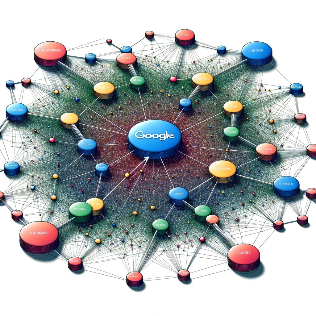 Et diagram over et Google-netværk med mange forskellige farvede cirkler.