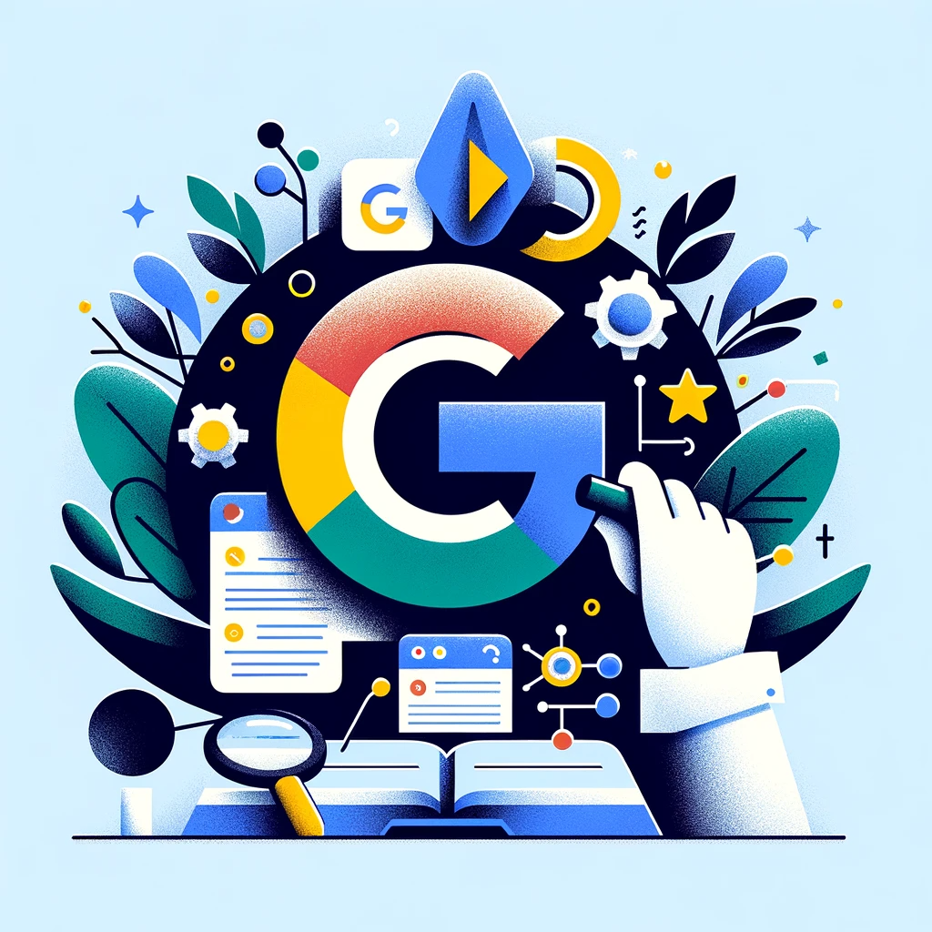 En illustration af Google-logoet med en hånd, der holder et seo-forstørrelsesglas.