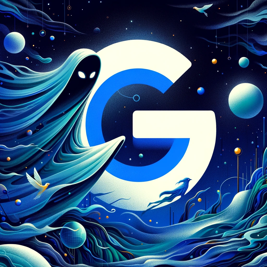 Et billede af Google-logoet med et spøgelse i baggrunden.
