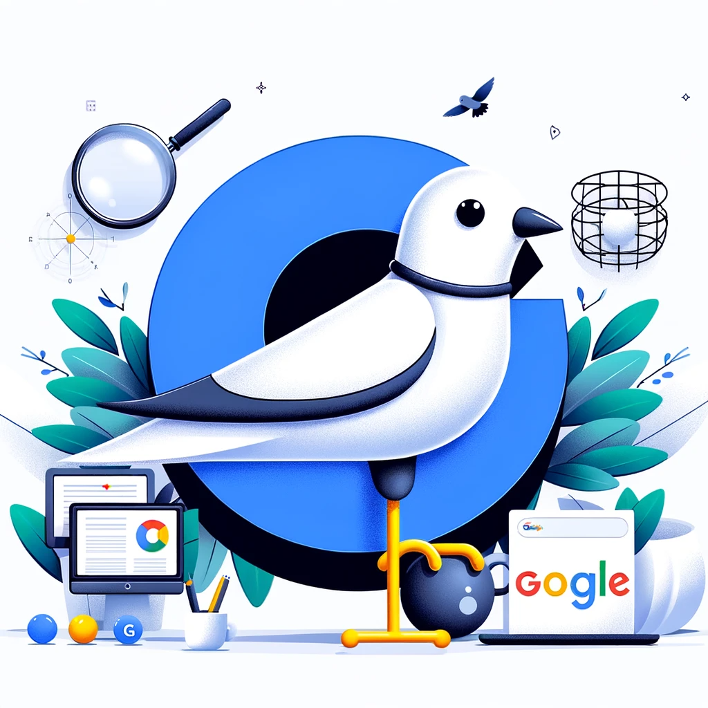 En fugl sidder ved siden af et Google-logo på dette fængslende billede.