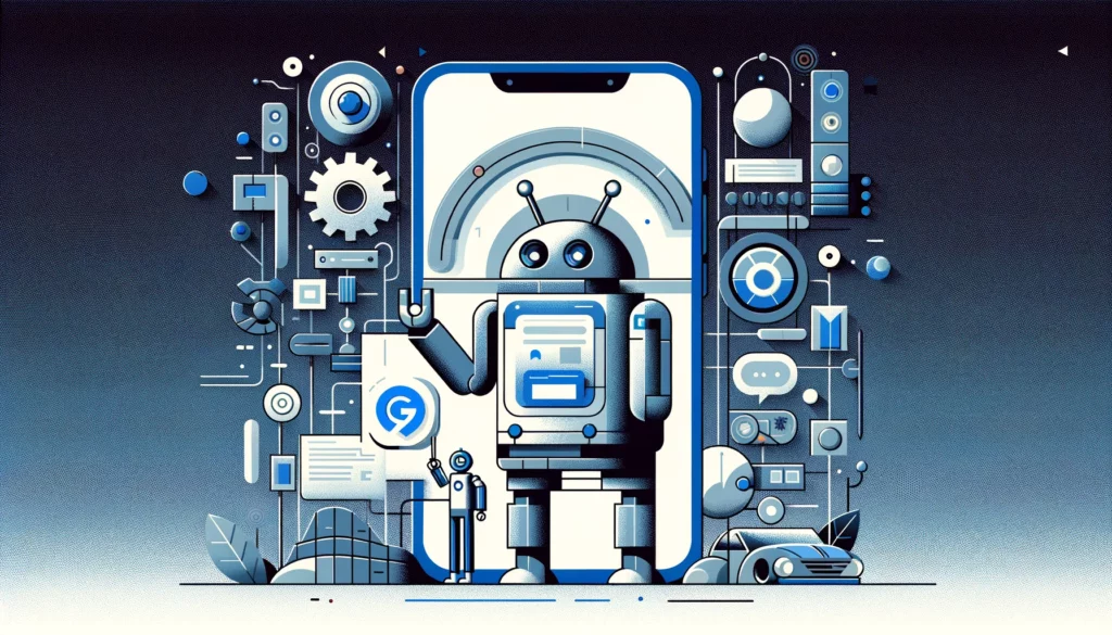 En illustration af en robot foran en telefon.