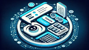 Illustration af et cirkulært tokenbehandlingssystem med forskellige digitale elementer, herunder tastaturer, dokumenter og grænsefladeikoner, alt sammen forbundet i en sømløs løkke på en mørkeblå baggrund.