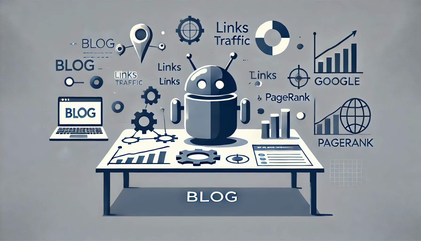 google-leak | Henrik Bondtofte Illustration af en robot ved et skrivebord mærket "Blog", omgivet af ikoner, der repræsenterer SEO-værktøjer og målinger såsom links, trafik, PageRank og diagrammer, med en bærbar computer, gear og dokumenter.